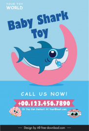 flyer baby shark toy shop template cute stylized sea species crescent sketch
