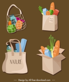 food bag icons colorful classic 3d sketch