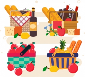 food baskets icons multicolored design
