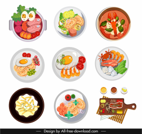 food cuisine icons colorful classic flat sketch