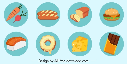 food icons colored classic design circle isolation