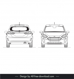 ford fiesta 2017 car model icons flat black white handdrawn front view back view sketch