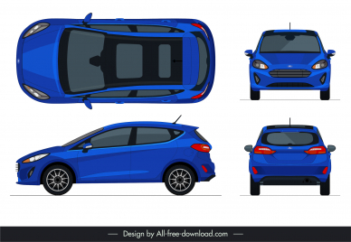 ford fiesta 2017 car model icons modern different views sketch