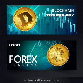 forex trading block chain tech banners golden coins chart decor