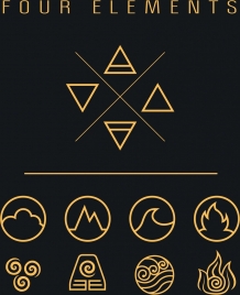 four elements icons flat geometric shapes sketch
