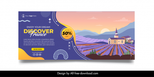 france tourism banner template lavender farm scene sketch classical design