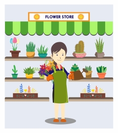 fresh flower store vector illustration with smiling owner