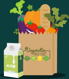 fresh food advertisement milk box vegetable bag icons
