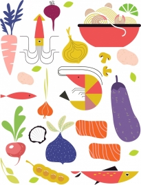 fresh food background vegetable seafood icons colored flat