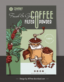 fresh ground filter coffee powder advertising poster classical handdrawn beans flowers tool sketch
