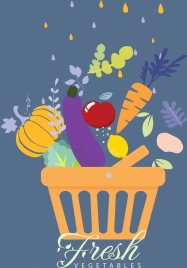 fresh vegetables background raindrops basket icons multicolored flat