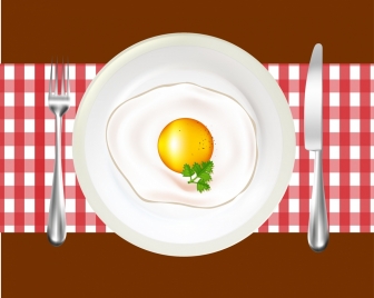 fried egg background shiny dish knife fork icons decor