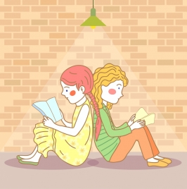 friends background girls reading books icons cartoon design