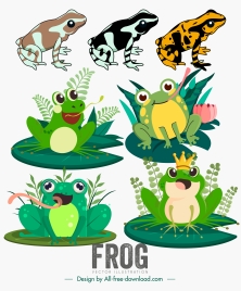 frogs icons classic cartoon characters sketch