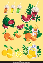 fruit beverages design elements colorful dynamic sketch