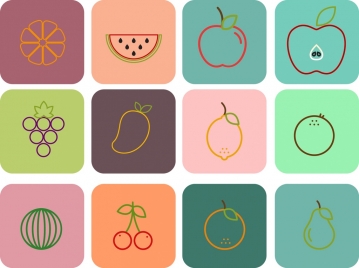 fruit icons outline colored flat isolation