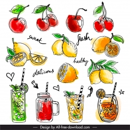 fruit juice design elements colored classic handdrawn sketch