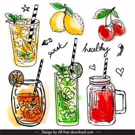 fruit juices icons colored classical handdrawn sketch