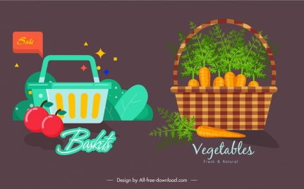 fruit vegetables baskets icons dark colored classical design