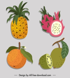 fruits icons colored classic handrrawn sketch