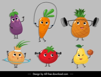 fruits icons funny stylized sketch cartoon characters