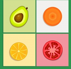 fruits ingredients icons colored flat cut slice design