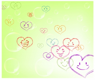 funny drawing of emotion hearts on green background