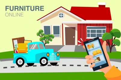furniture trading banner smartphone truck house icons decor