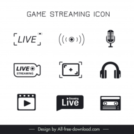 game streaming icons collection flat black white symbols