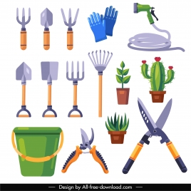 gardening design elements colored flat tools tree sketch