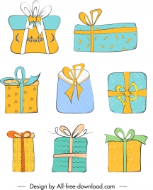 gift box icons multicolored flat classic handdrawn sketch