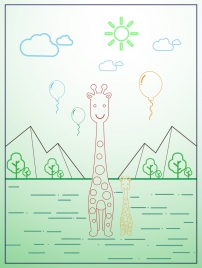 giraffe icons outline nature scenery design
