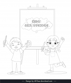 girl and boy learn painting design elements handdrawn outline
