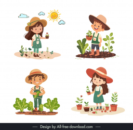 girl  boy farmer sets design elements cute cartoon characters