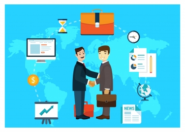 global business infographic illustration with businessmen shaking hands