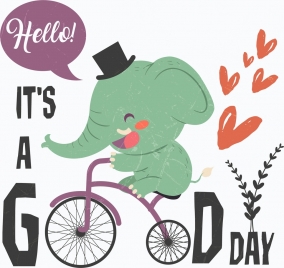 good day banner cute elephant riding bicycle icon