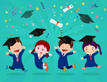 graduation background joyful kids icons colored cartoon desgin