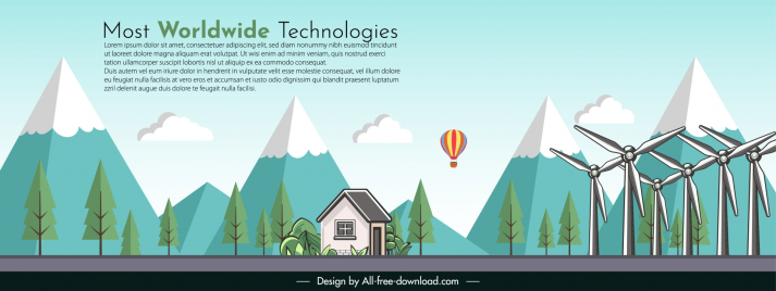 green energy website banner template mountain trees windfarm scene