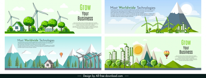 green energy website banner templates collection mountain trees scenes