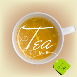 green tea advertisement white cup calligraphy clock icon