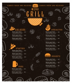 grill menu design with cuisines on dark background
