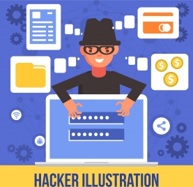 hacker hazard banner man laptop internet security icons
