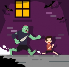 halloween background funny ghost chasing boy cartoon design