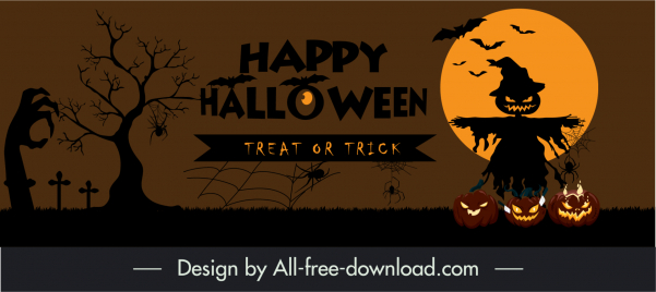 halloween banner template flat classical dark design horror elements sketch