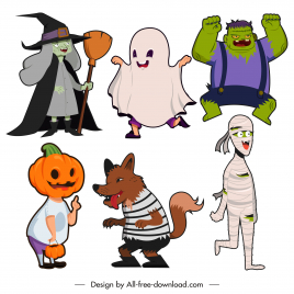 halloween characters icons frightening devil ghost sketch