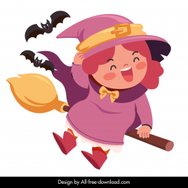 halloween design elements cute girl witch bats sketch cartoon design