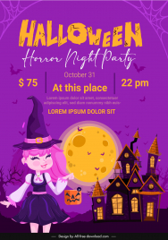 halloween horror night party poster template cute cartoon girl haunted house moonlight sketch