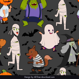 halloween pattern dark colorful cartoon characters sketch