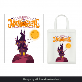 halloween tote bag design elements castle moon stylized texts