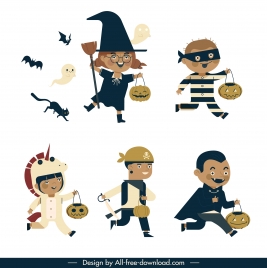 haloween characters icons joyful costumed kids sketch